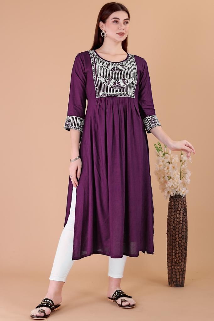 Sumshy Stylish Nyra Cut Embroidery Heavy Rayon Kurtis
