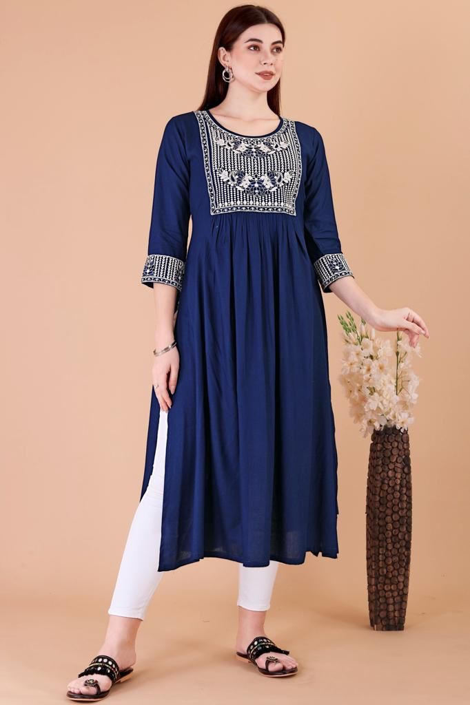 Sumshy Stylish Nyra Cut Embroidery Heavy Rayon Kurtis