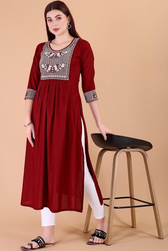 Sumshy Stylish Nyra Cut Embroidery Heavy Rayon Kurtis