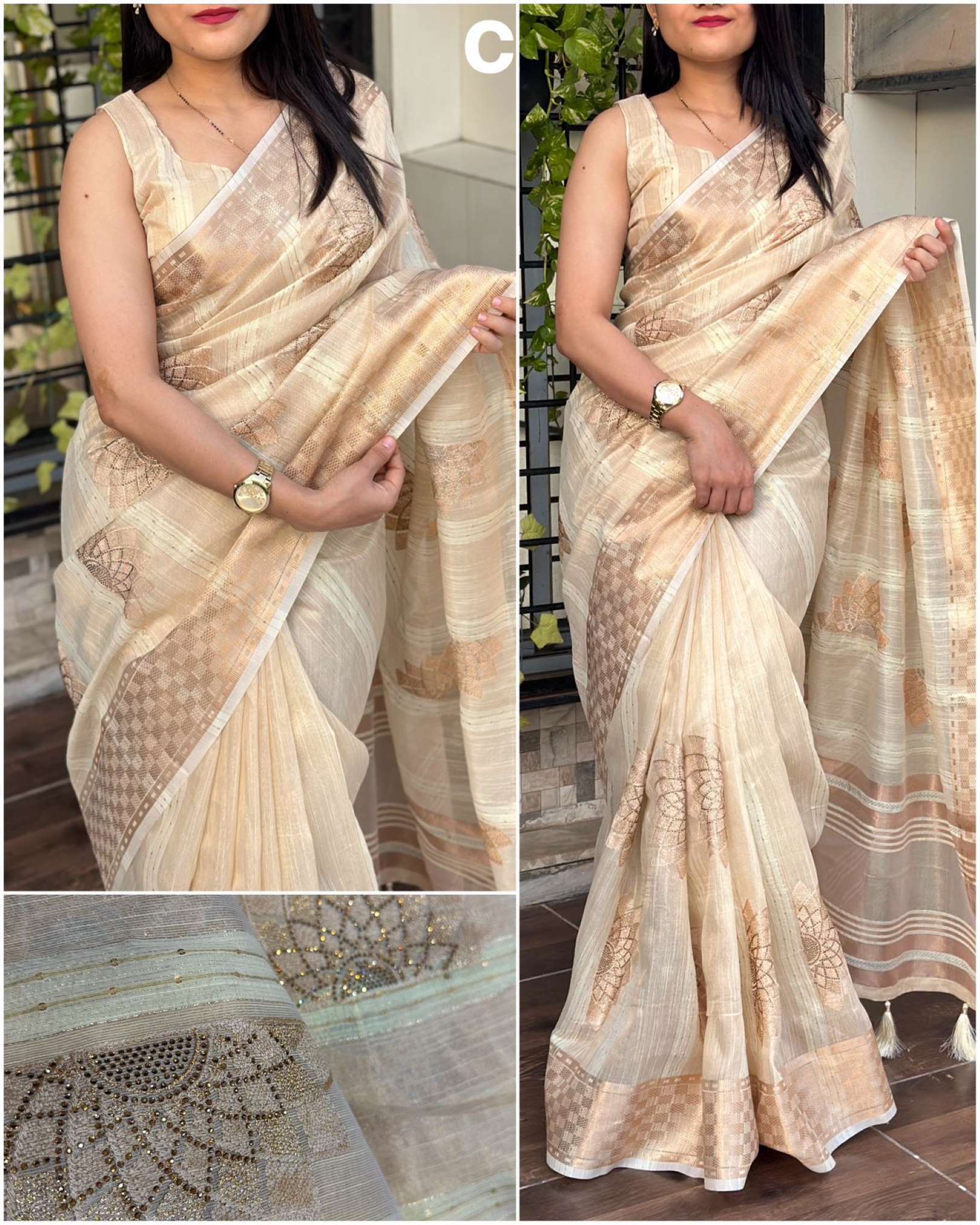 Minakari Party Wear Organza Linen Jacquard Thread Work Saree
