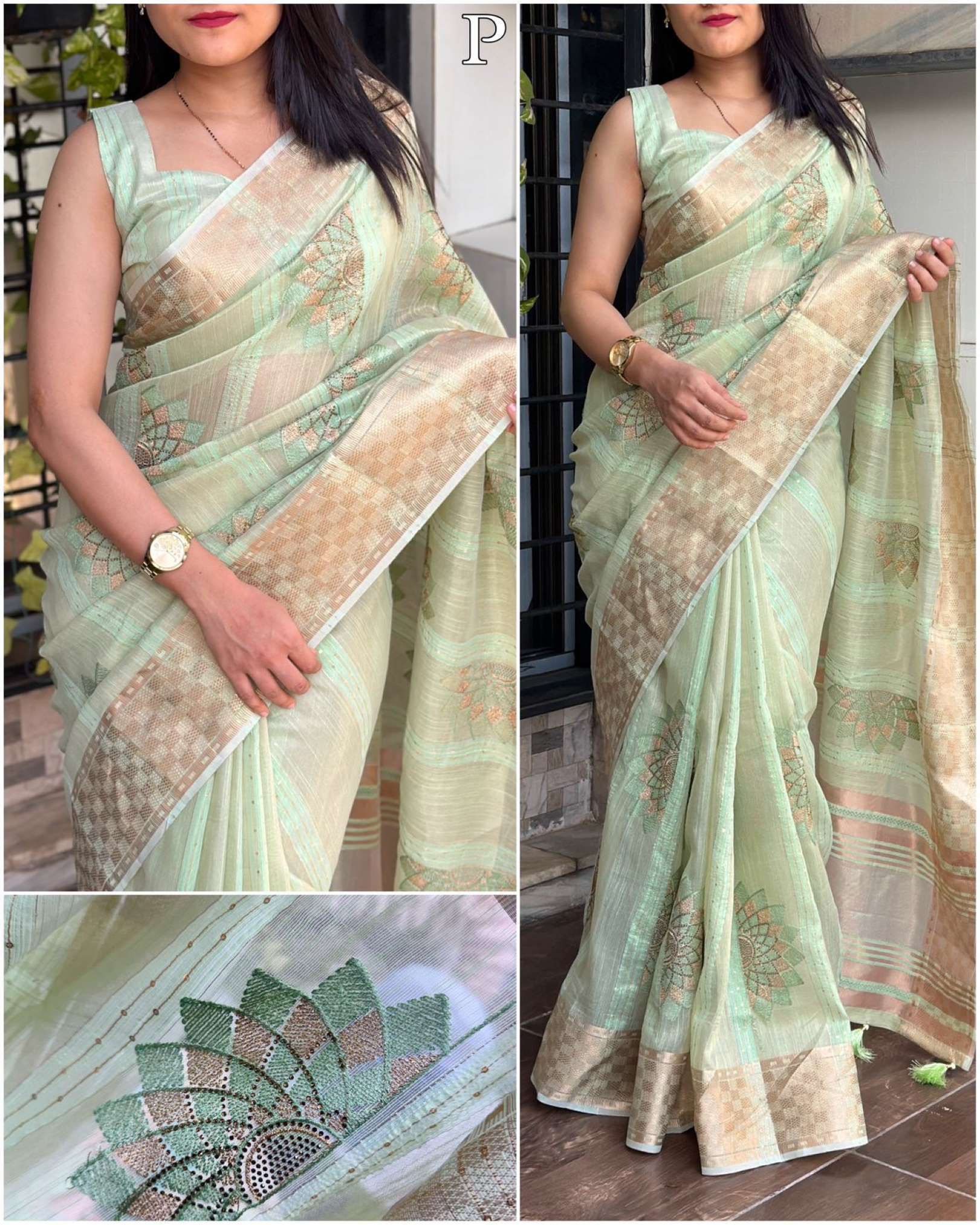 Minakari Party Wear Organza Linen Jacquard Thread Work Saree