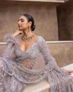 Sumshy Bollywood Style Grey Mono Net Embroidered Saree