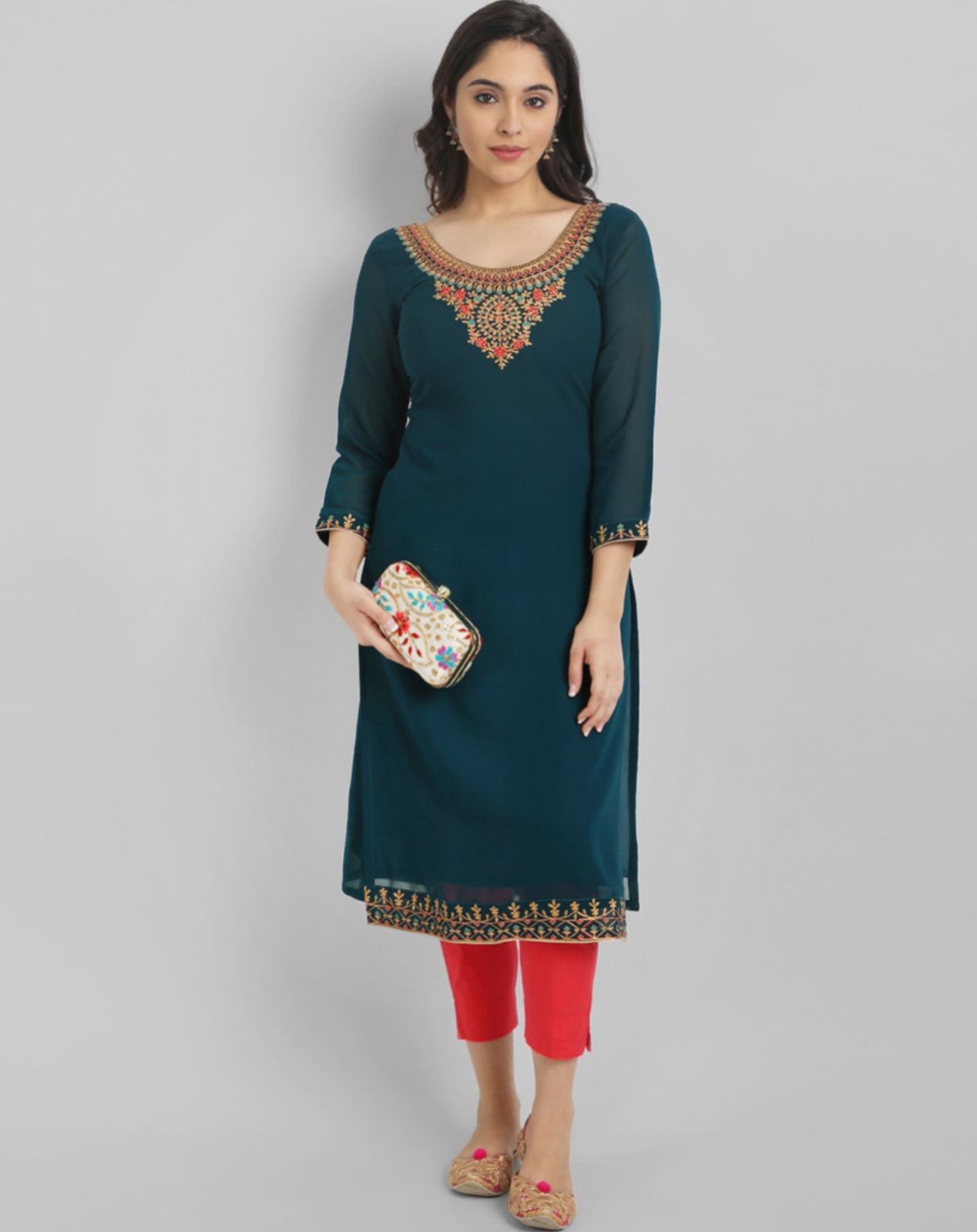 Sumshy Beautiful Embroidery Faux Georgette Straight Kurtis