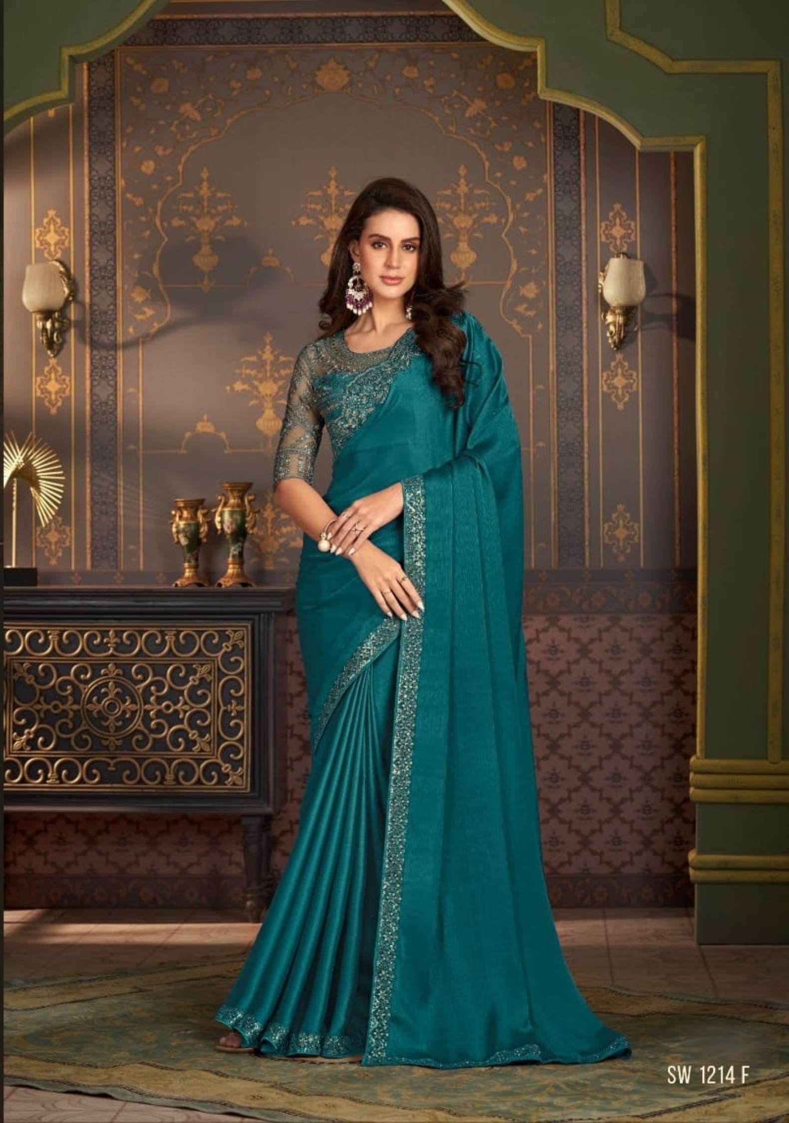 TFH Hit Designer Embroidery Satin Silk Chiffon Saree