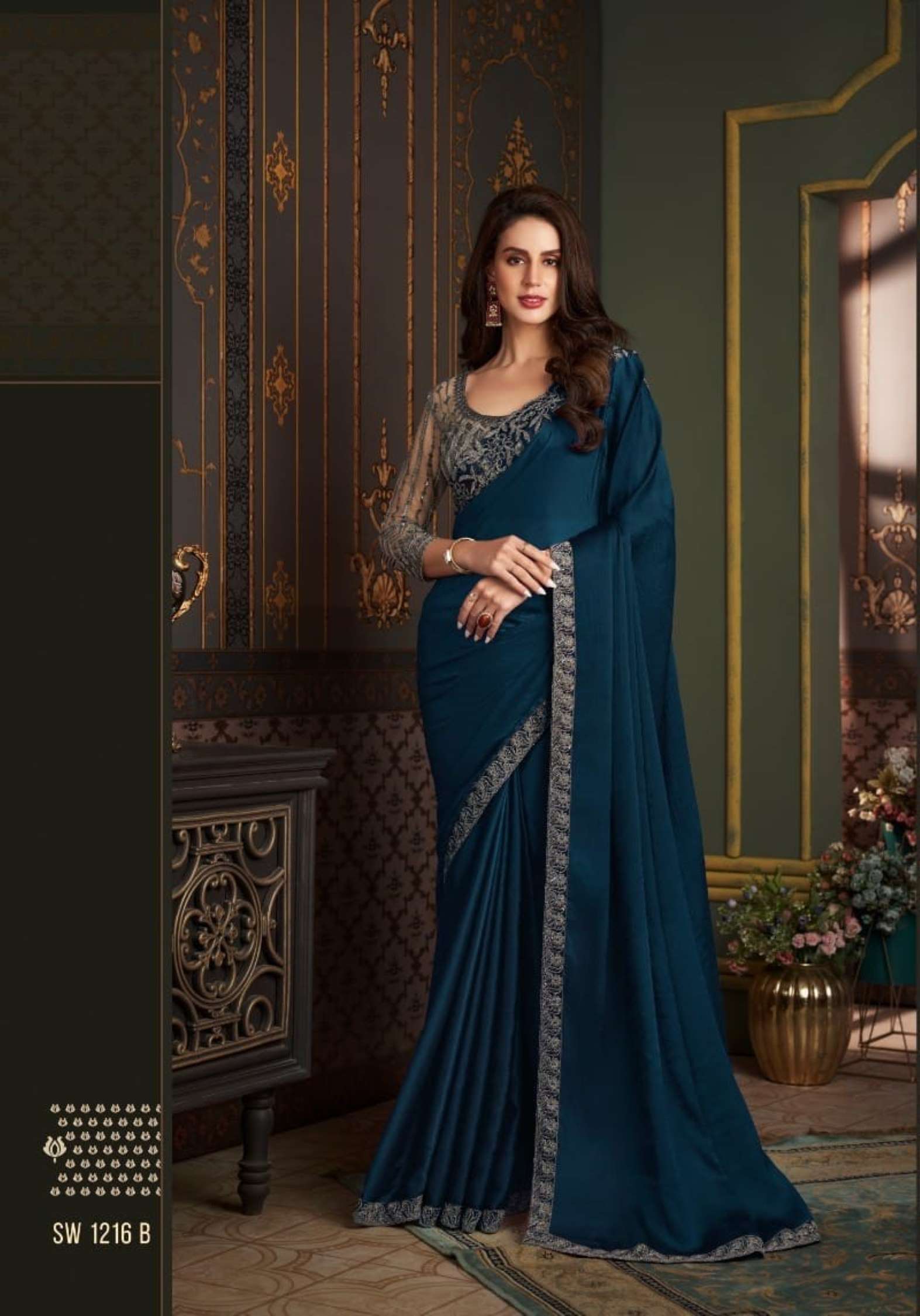 TFH Party wear Embroidery Satin Silk Chiffon Saree