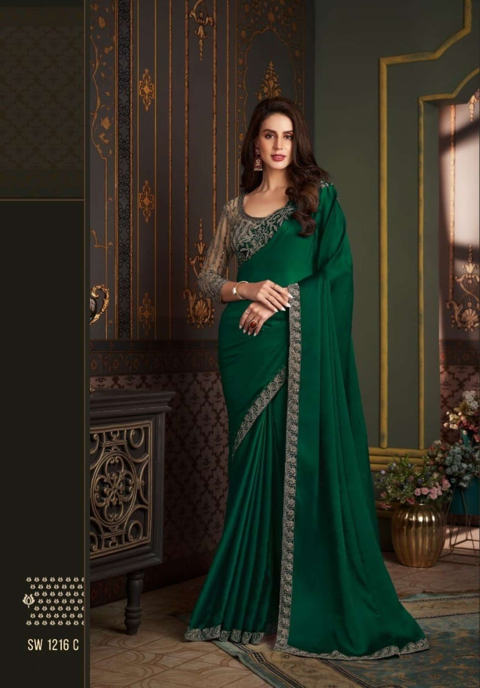 TFH Party wear Embroidery Satin Silk Chiffon Saree
