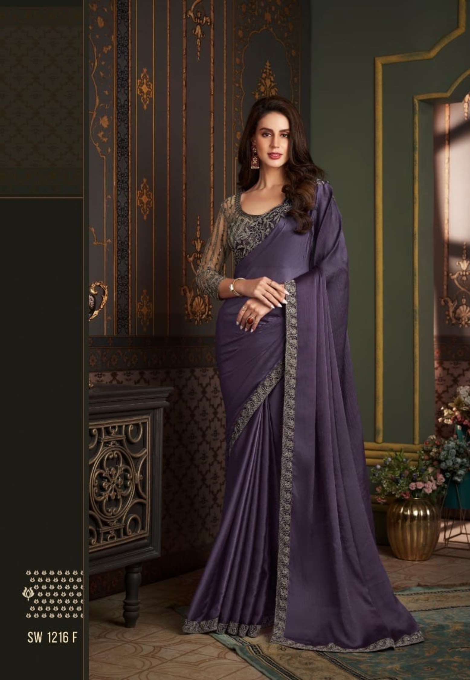 TFH Party wear Embroidery Satin Silk Chiffon Saree
