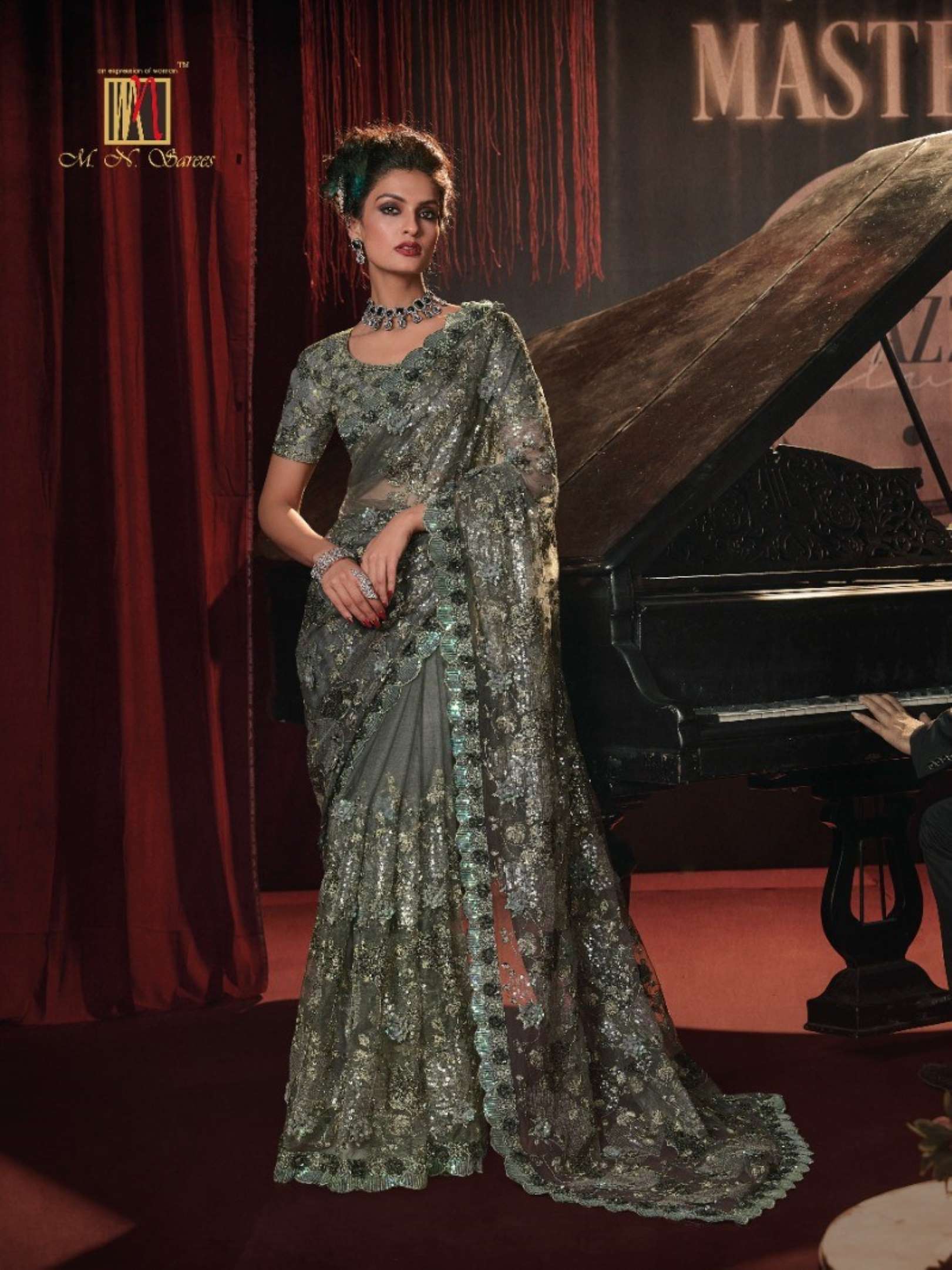 Sumshy Swarovski Party Wear Digital Net Saree