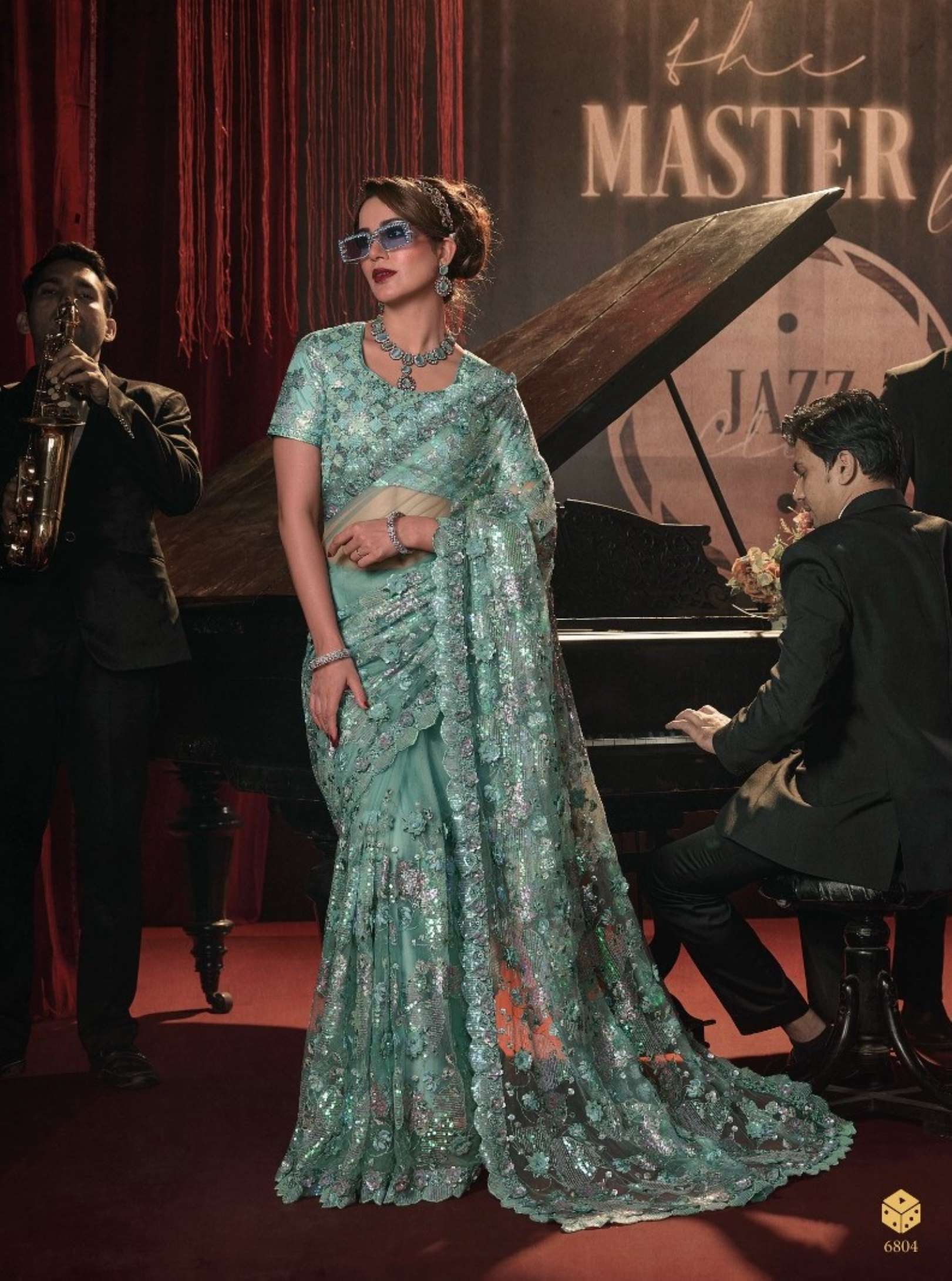 Sumshy Swarovski Party Wear Digital Net Saree