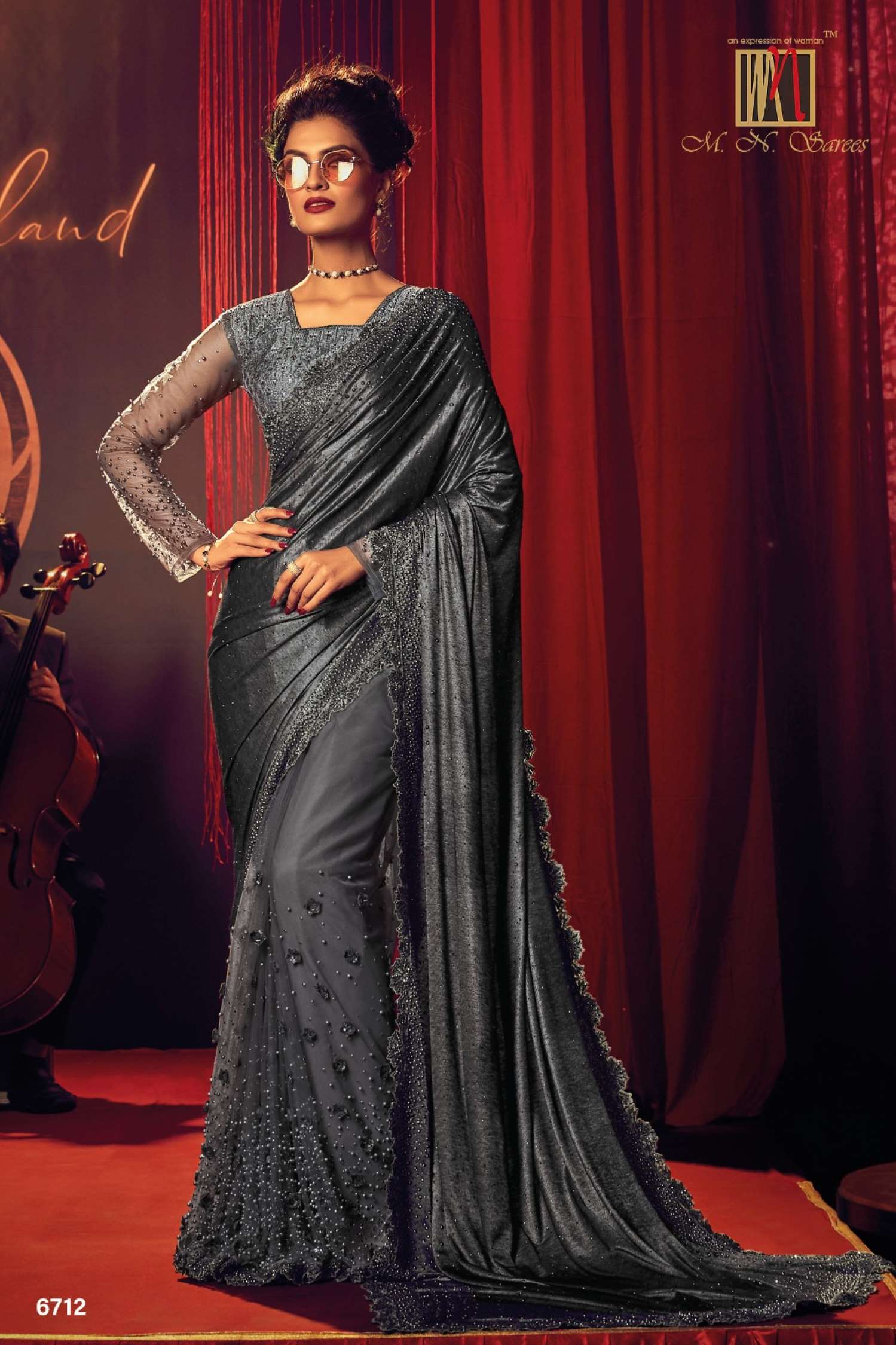 Sumshy Swarovski Designer Digital Net Saree