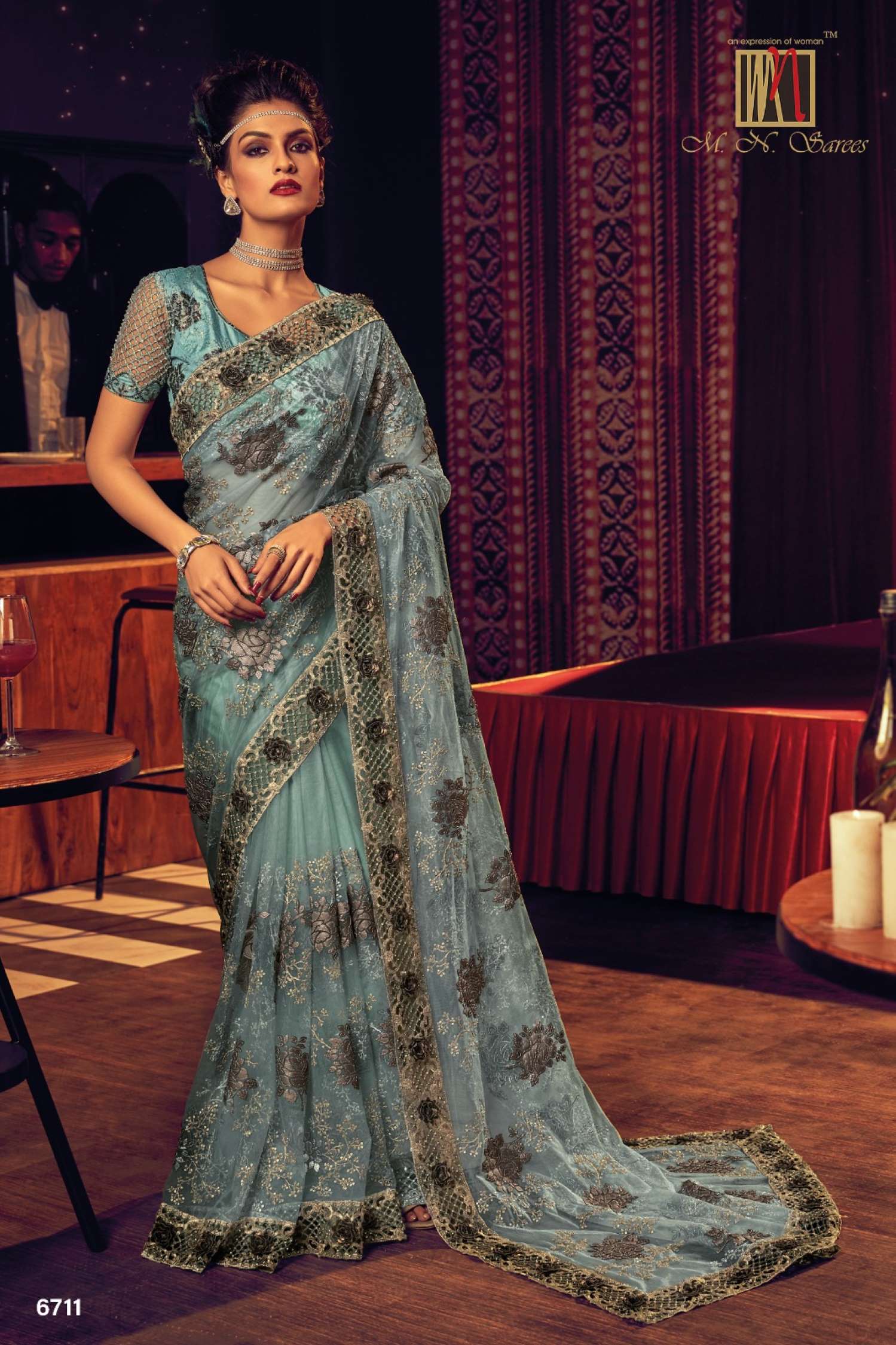 Sumshy Swarovski Designer Digital Net Saree