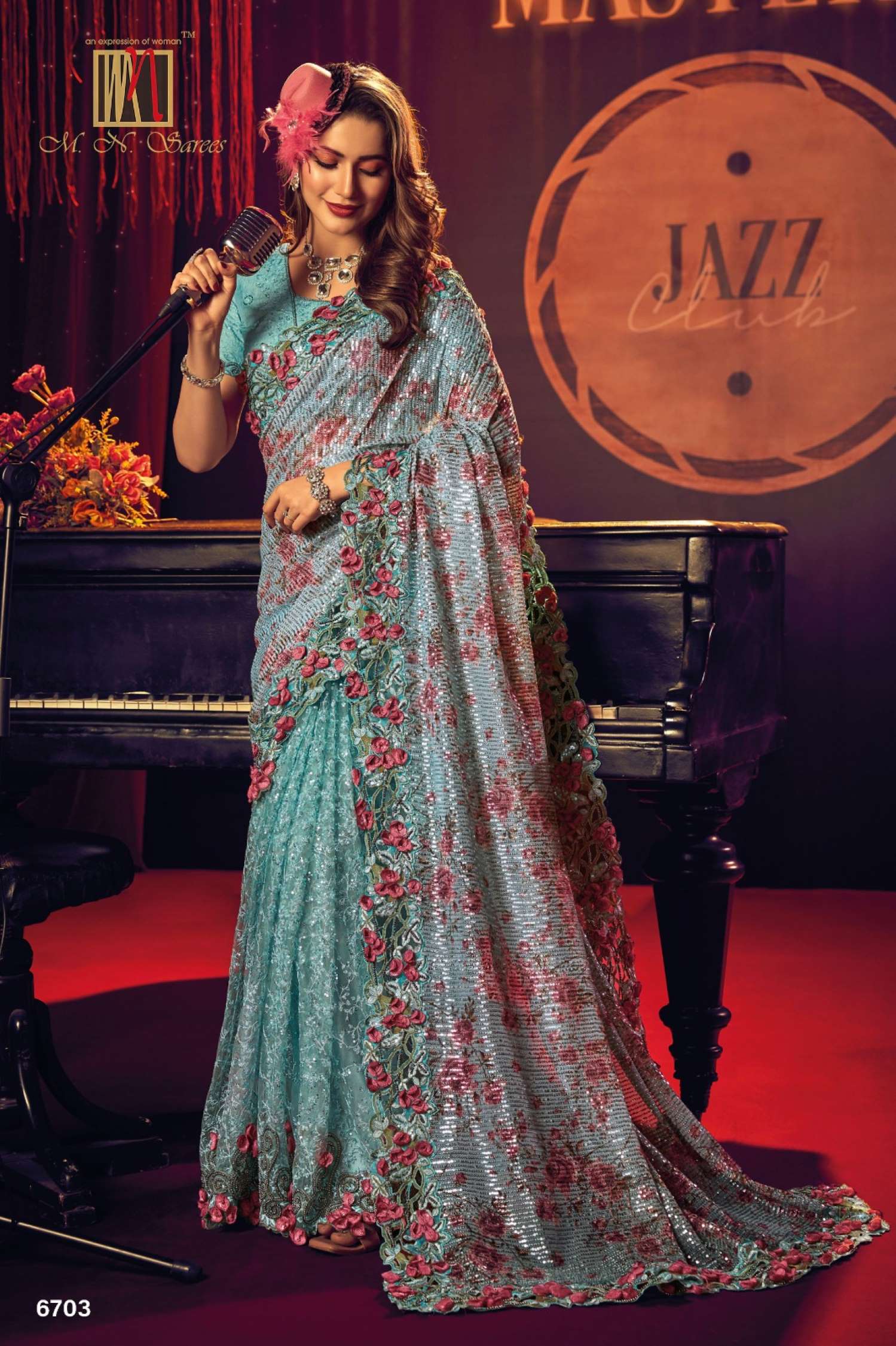 Sumshy Swarovski Designer Digital Net Saree