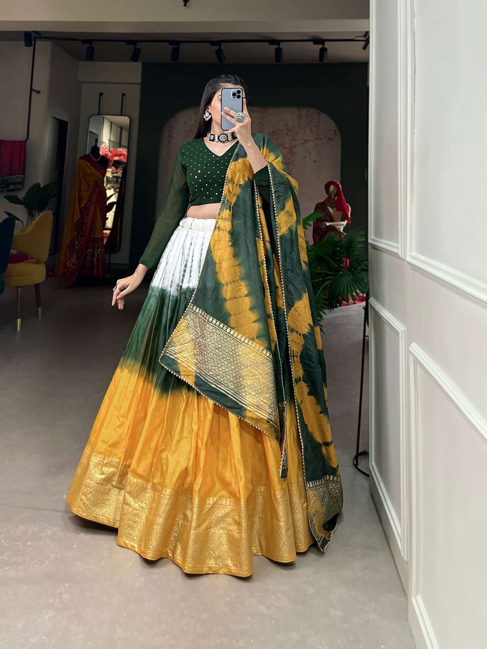 Sumshy Shibori Printed Pure Chanderi Lehenga Choli