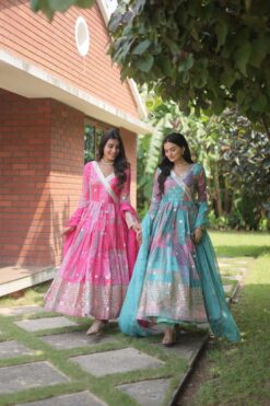 Sumshy Digital Printed Russian Silk Gown With Dupatta