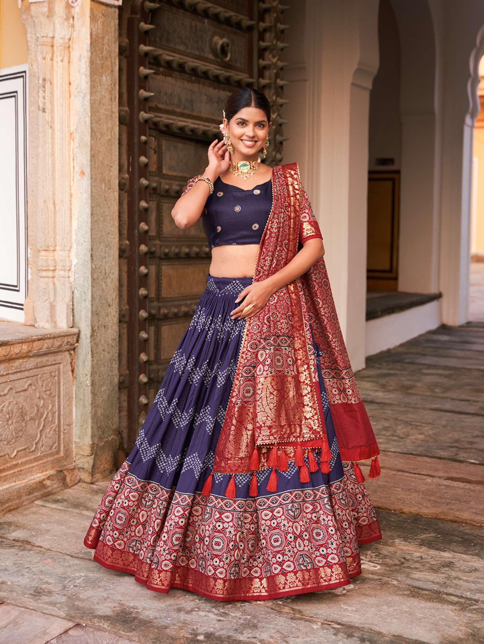 Sumshy Ajarakh Foil Printed Tussar Silk Lehenga Choli