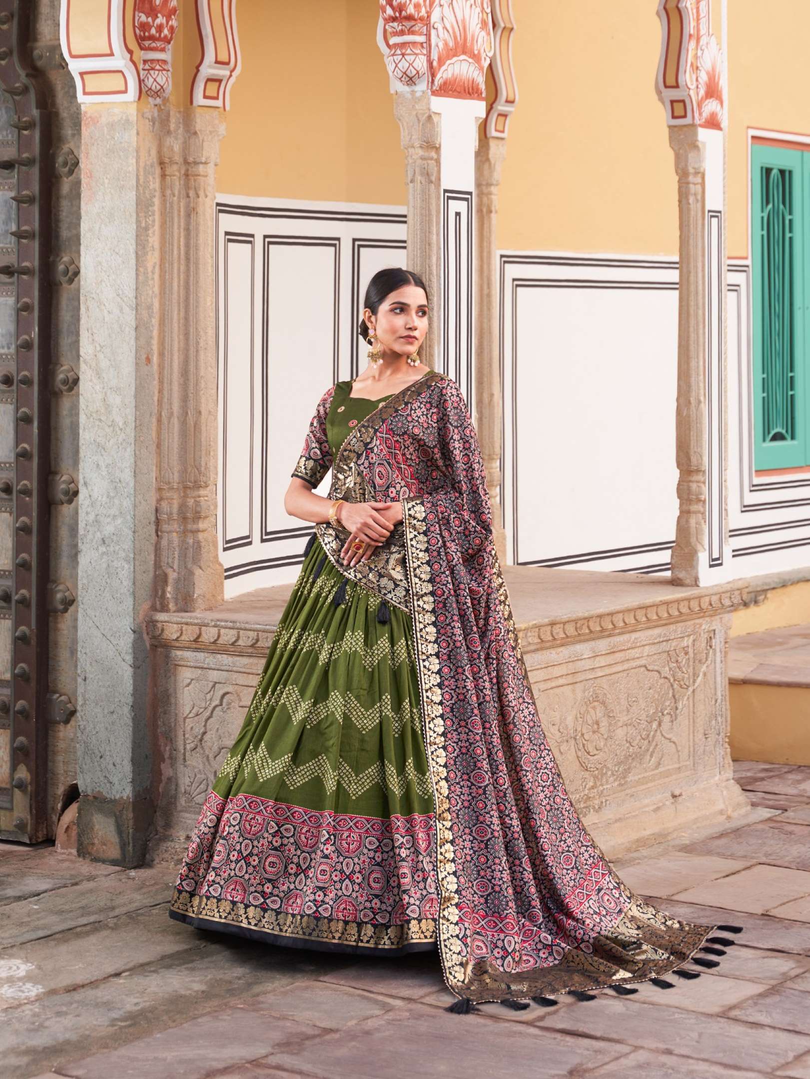 Sumshy Ajarakh Foil Printed Tussar Silk Lehenga Choli