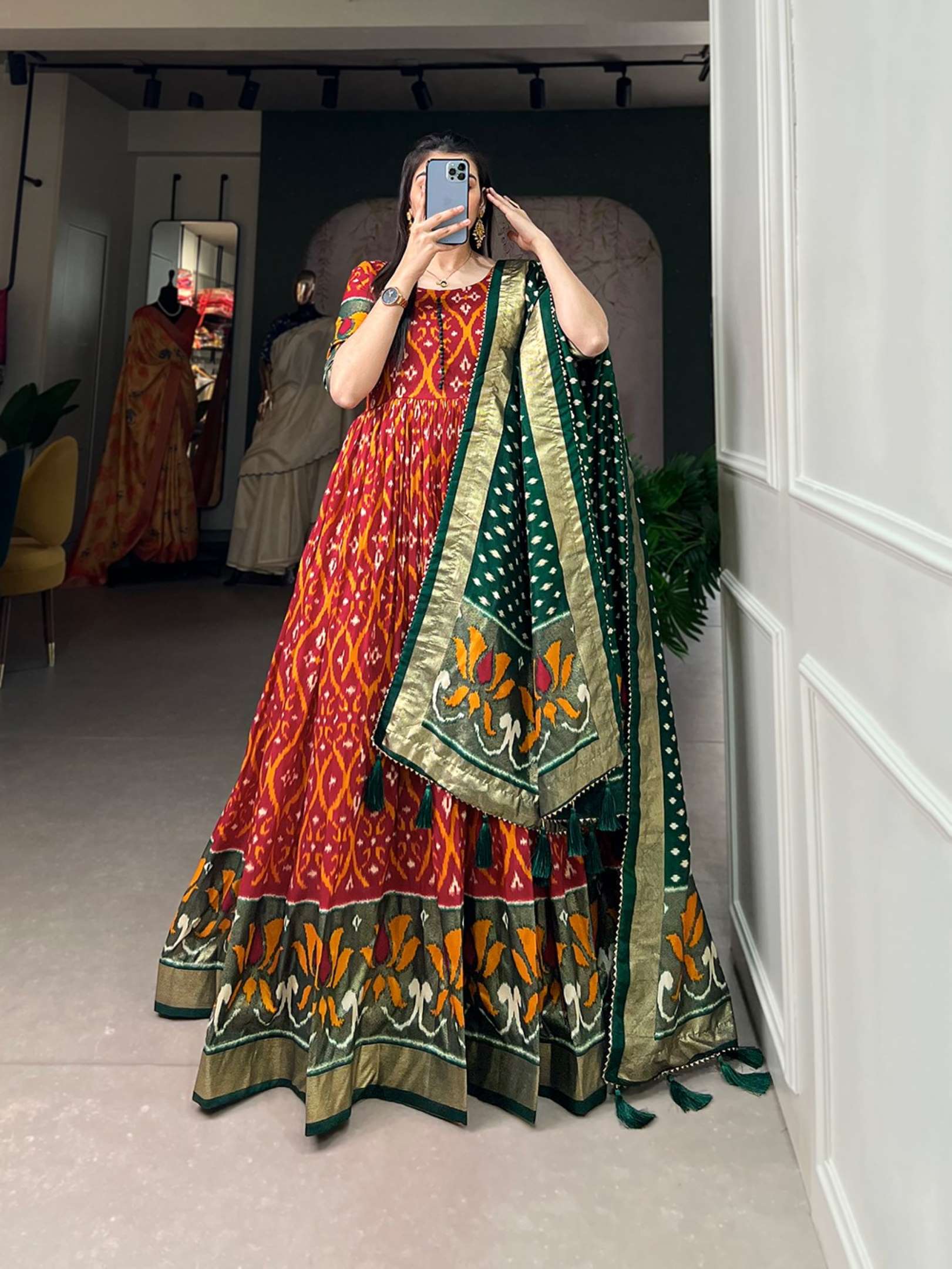 Sumshy Patola Printed Tussar Silk Gown With Dupatta