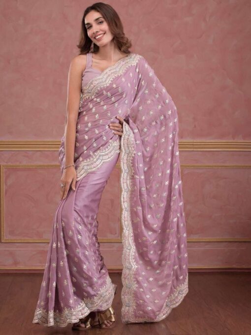 Sumshy Designer Embroidery Chinon Silk Party Wear Sarees