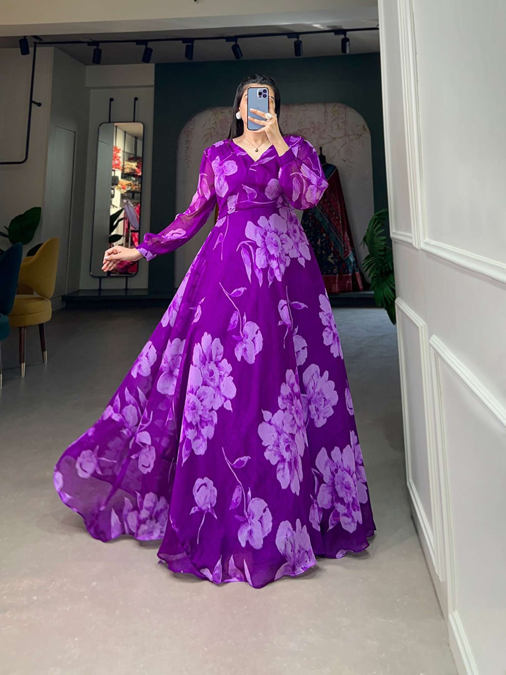 Sumshy Beautiful Floral Printed Chiffon Gown