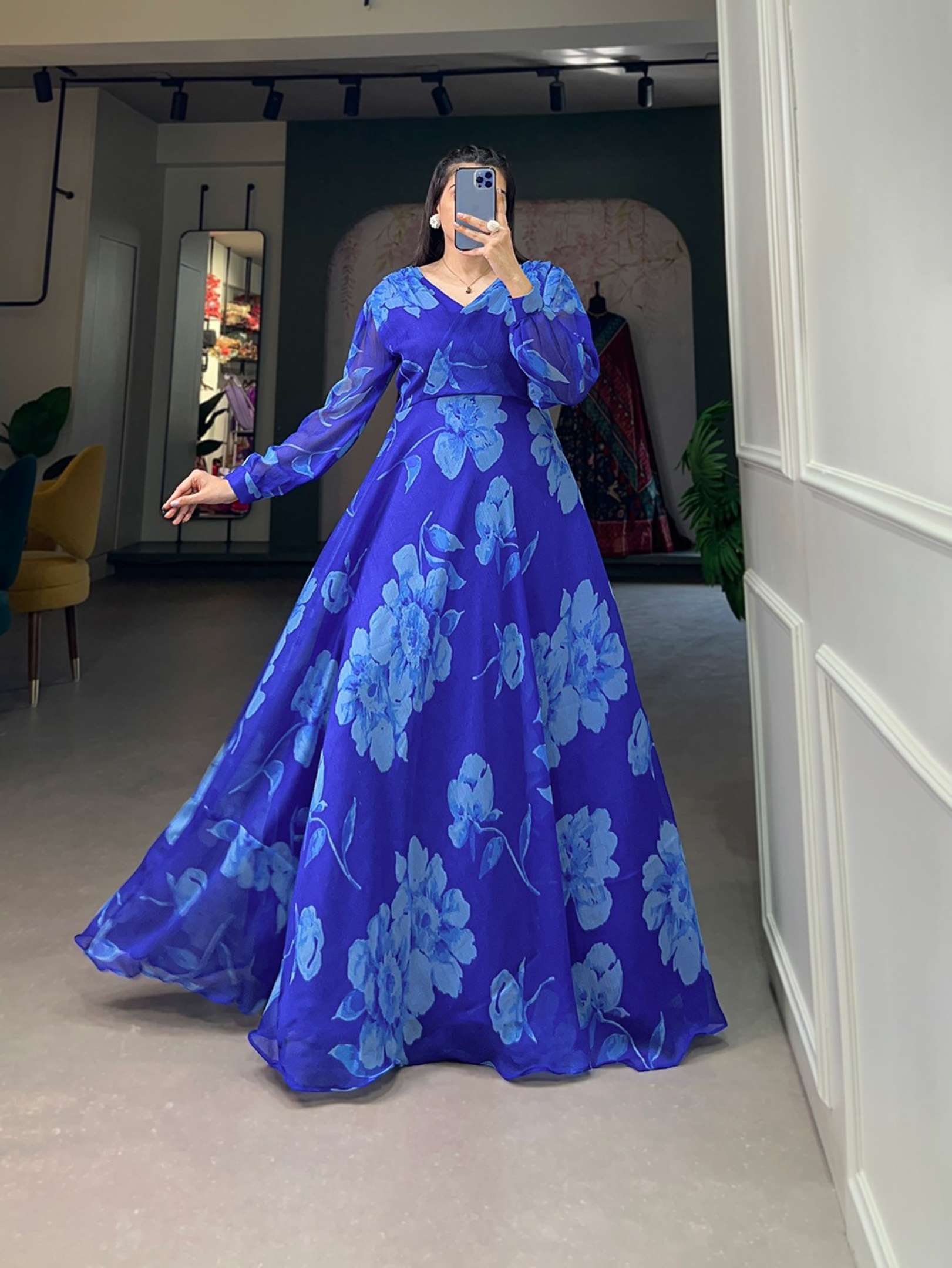 Sumshy Beautiful Floral Printed Chiffon Gown