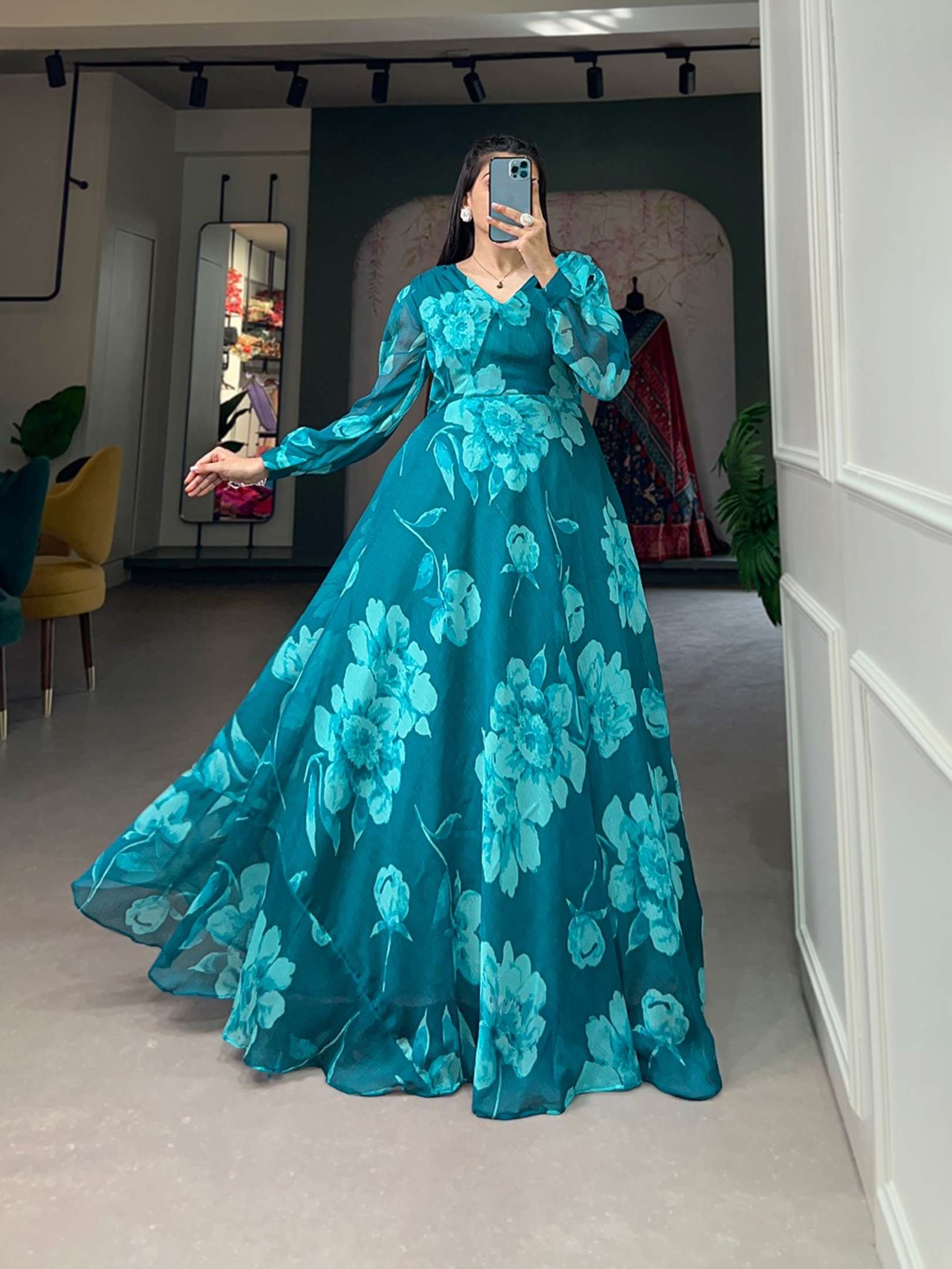 Sumshy Beautiful Floral Printed Chiffon Gown