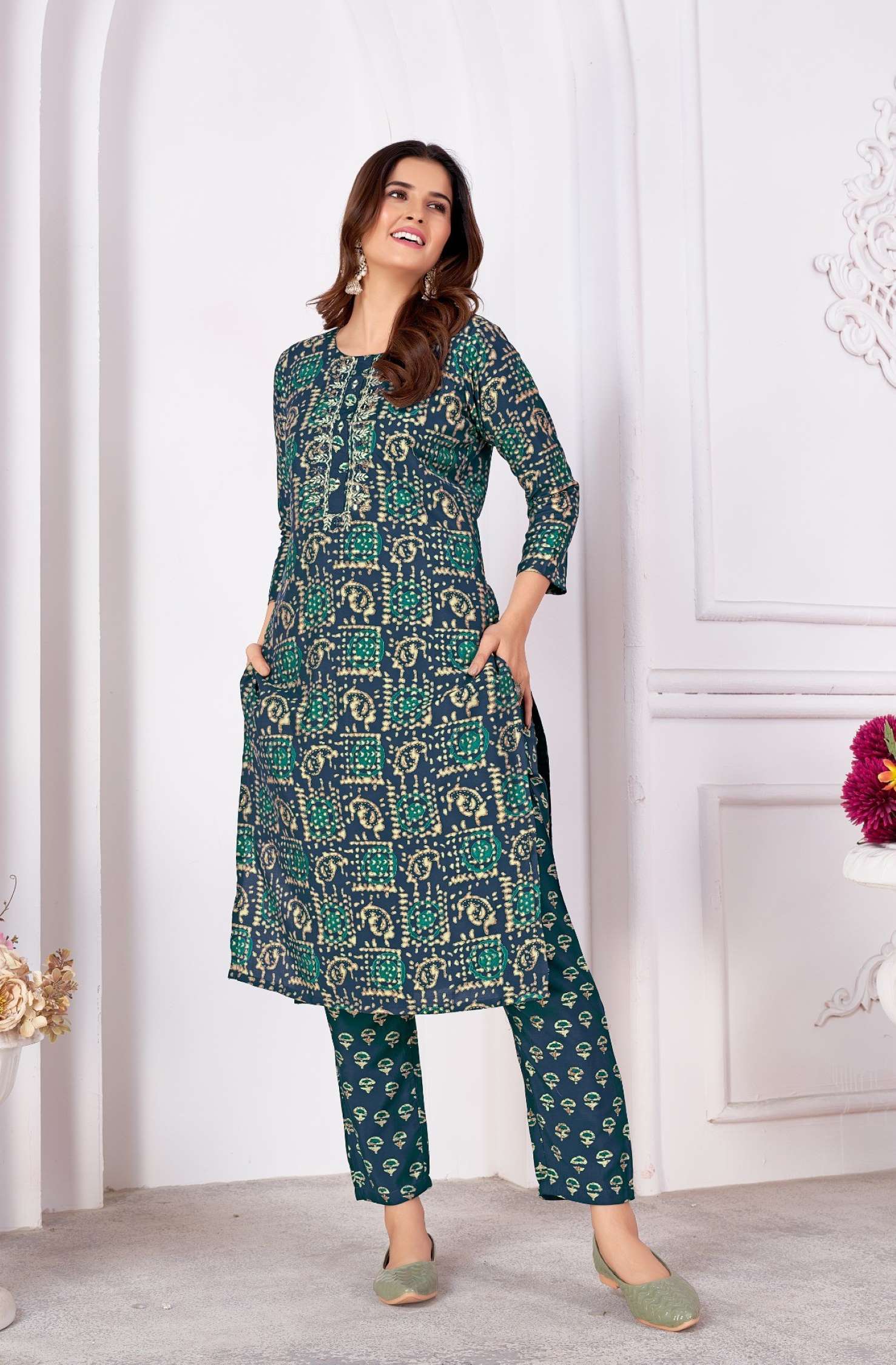 Moksh International Printed Royal Silk Kurti Pent
