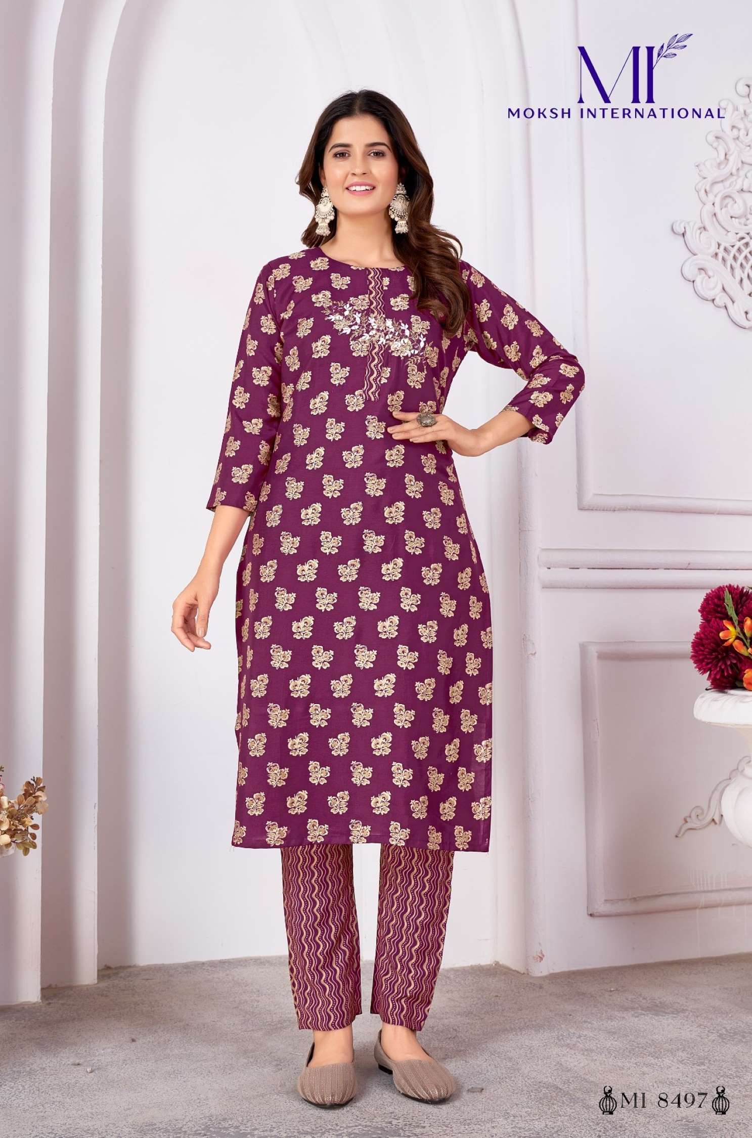 Moksh International Printed Royal Silk Kurti Pent