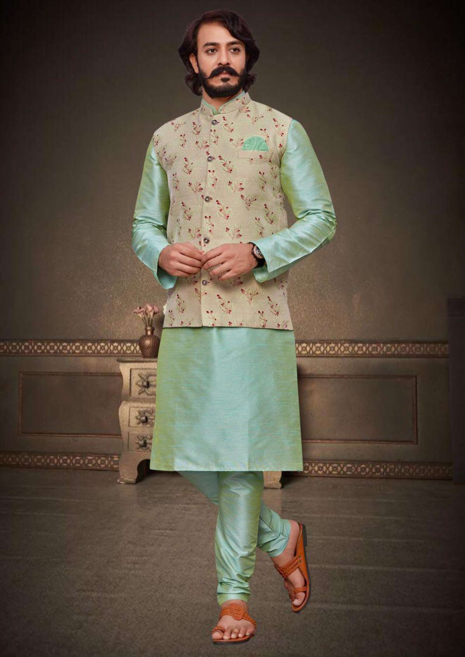 Sumshy Silk Lakhanavi Mens Kurta Pajama With Koti