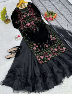 Sumshy Wedding Wear Black Viscose Velvet Readymade Suit