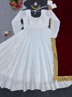 Sumshy Ladies Party Wear White Chinon Silk Gown With Dupatta
