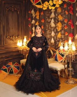 Sumshy Wedding Wear Black Viscose Velvet Readymade Suit