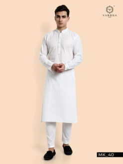 Sumshy Lakhnavi White Color Cotton Kurta Pajama For Mens