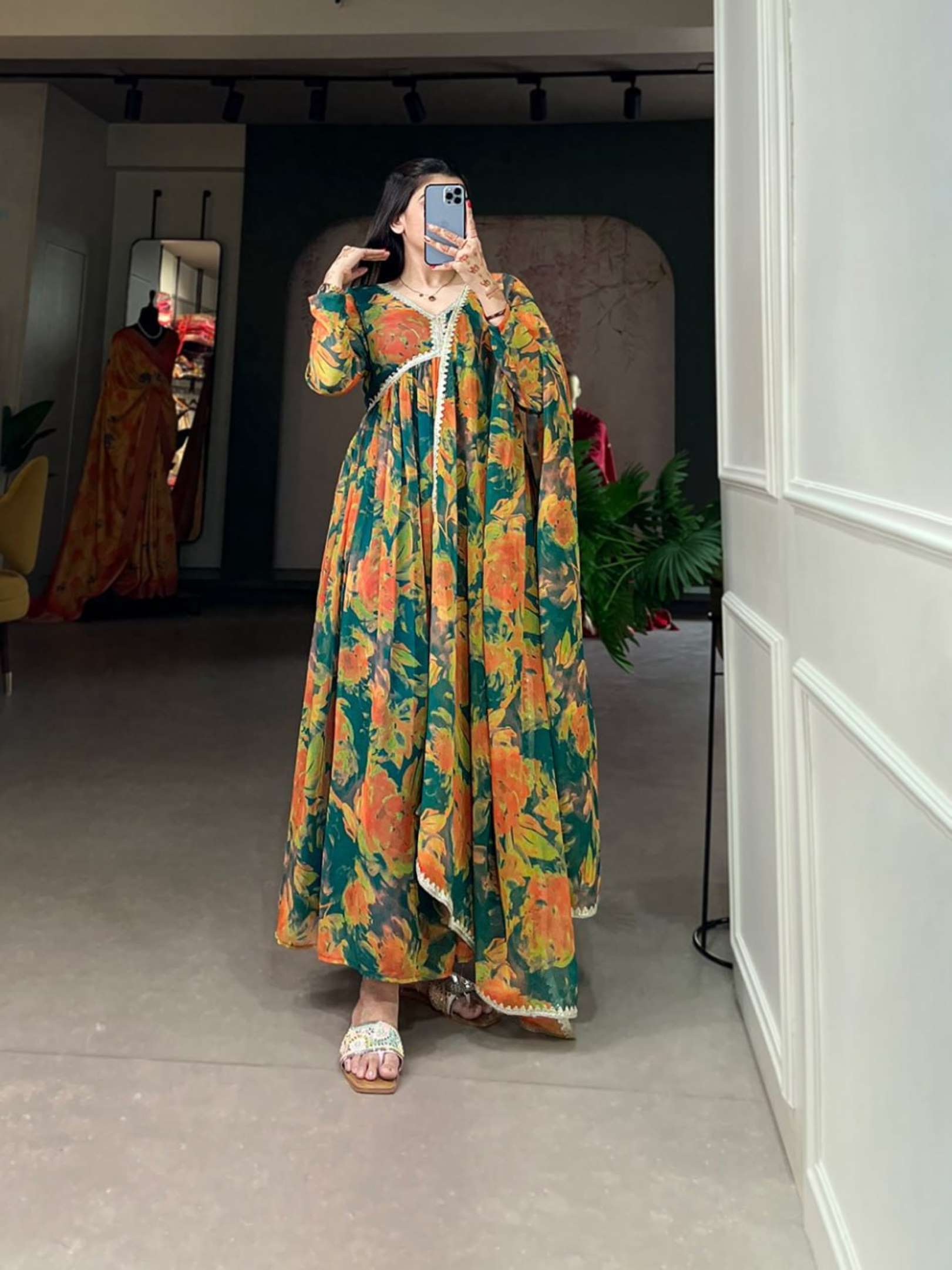 Sumshy Alia Style Floral Print Georgette Gown With Dupatta