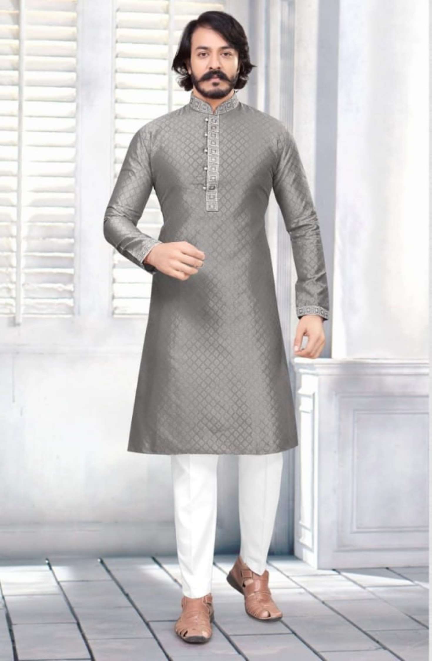 Sumshy Radhey Designer Silk Jacquard Mens Kurta Pajama
