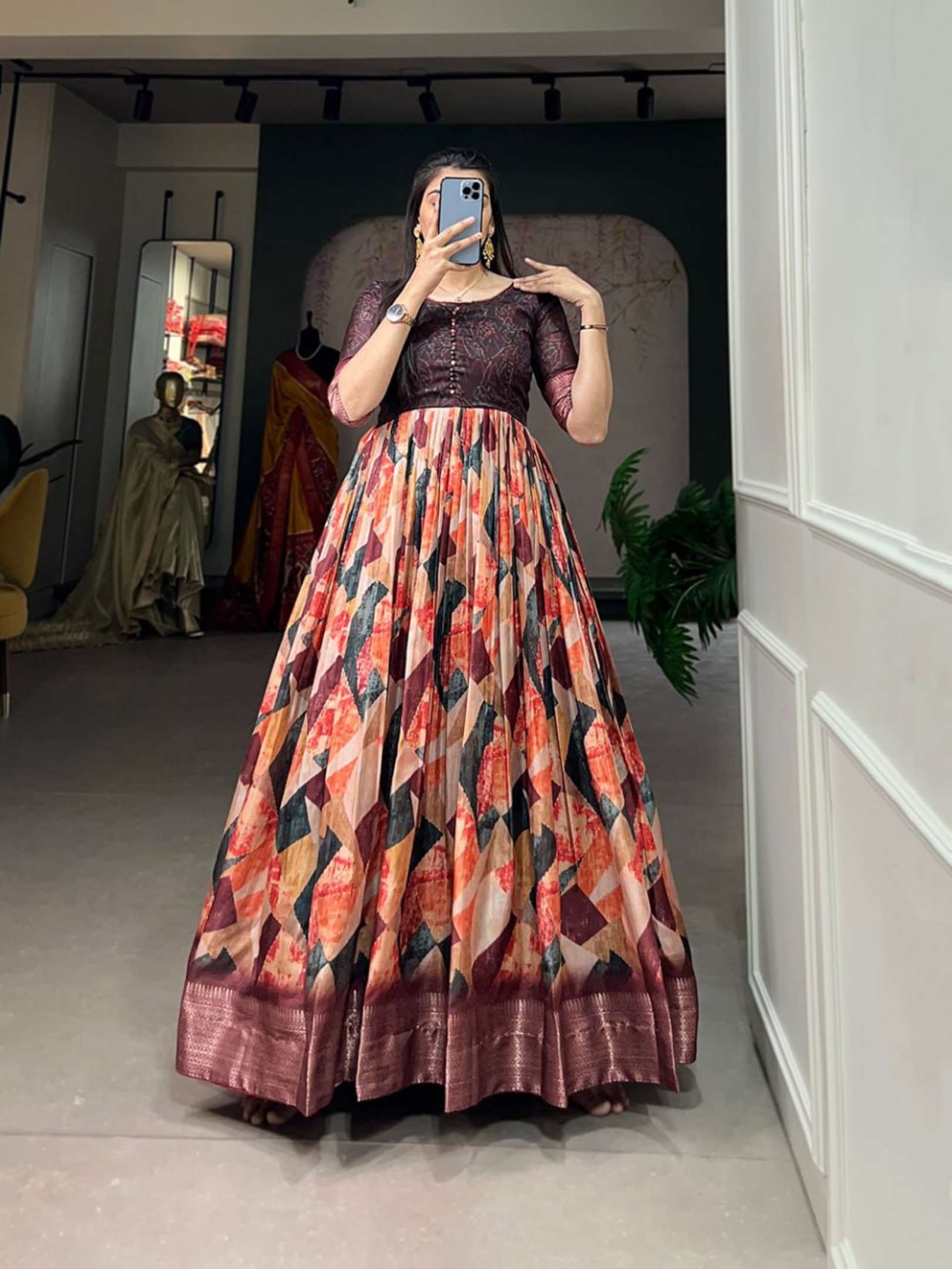 Sumshy Wedding Wear Printed Dola Silk Gown