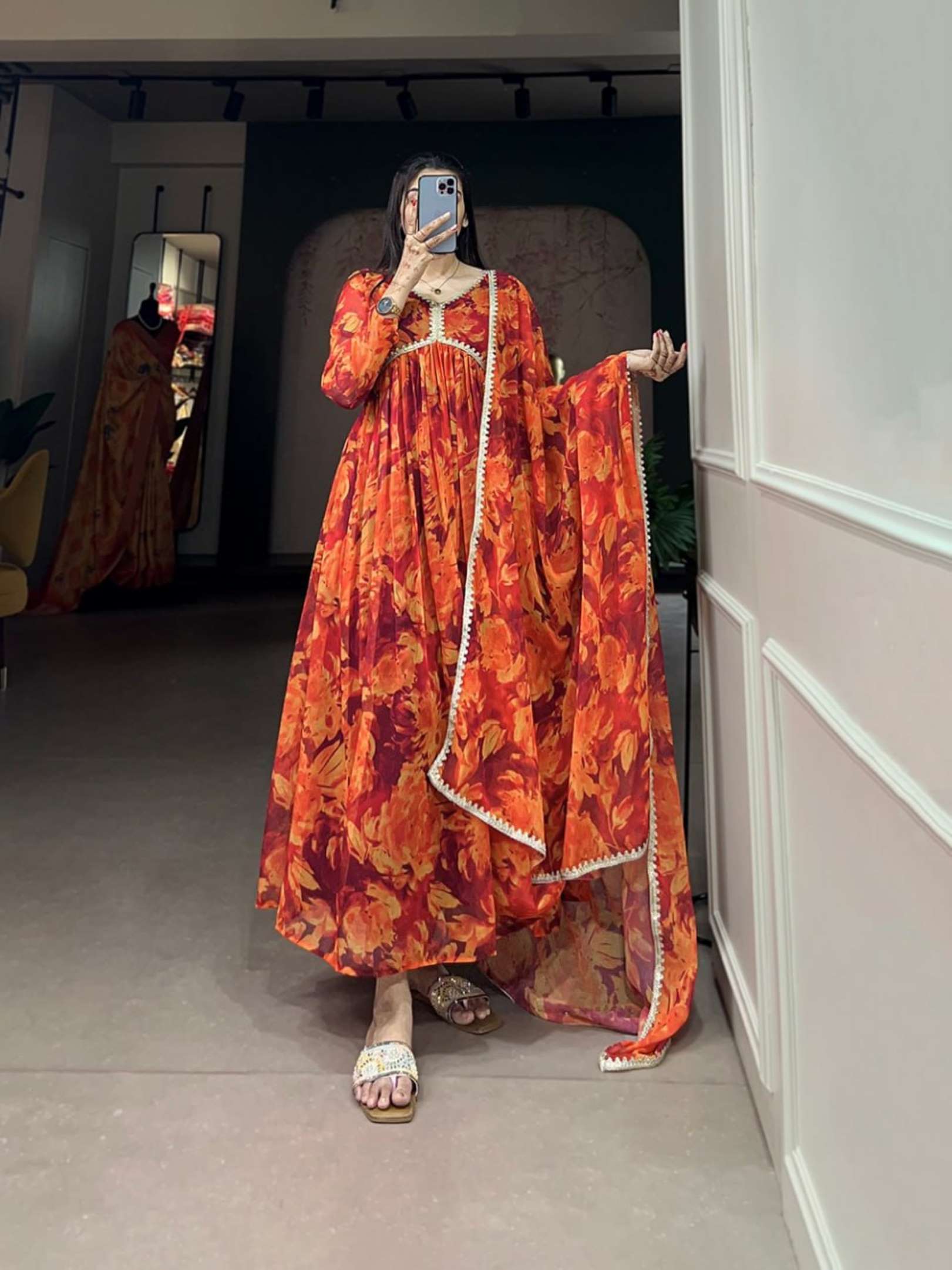 Sumshy Alia Style Floral Print Georgette Gown With Dupatta