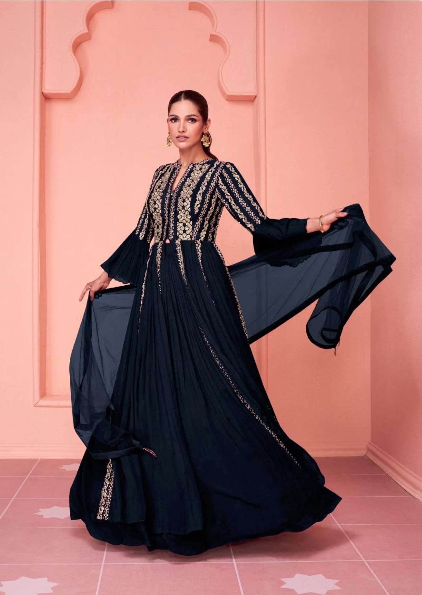 Sayuri Kiaraa Gold Real Georgette Embroidered Readymade Dress