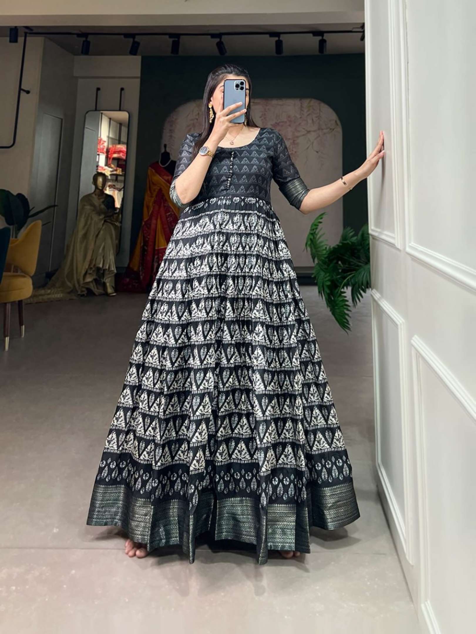 Sumshy Wedding Wear Printed Dola Silk Gown