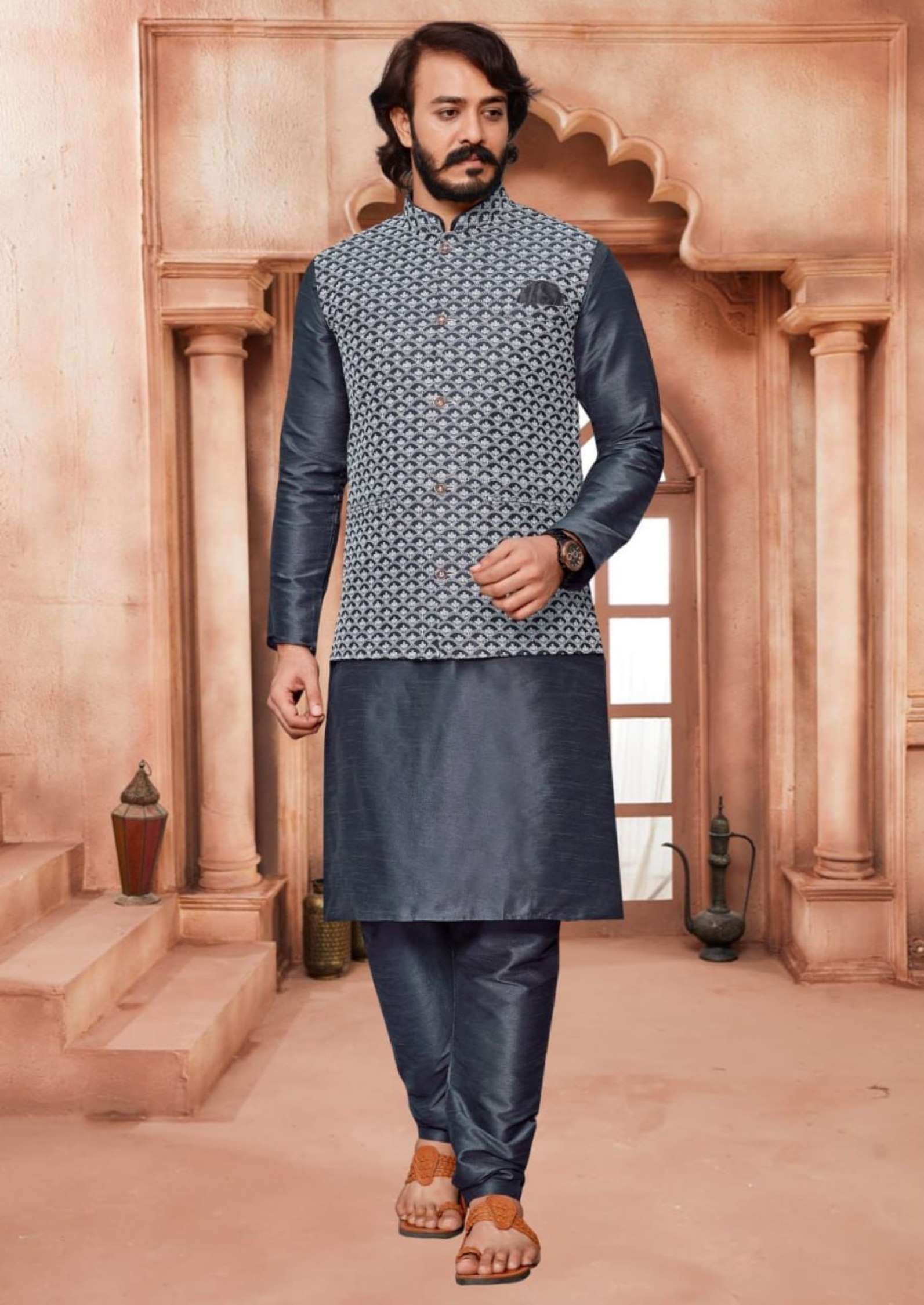 Sumshy Lakhanavi Silk Fancy Mens Kurta Pajama With Koti