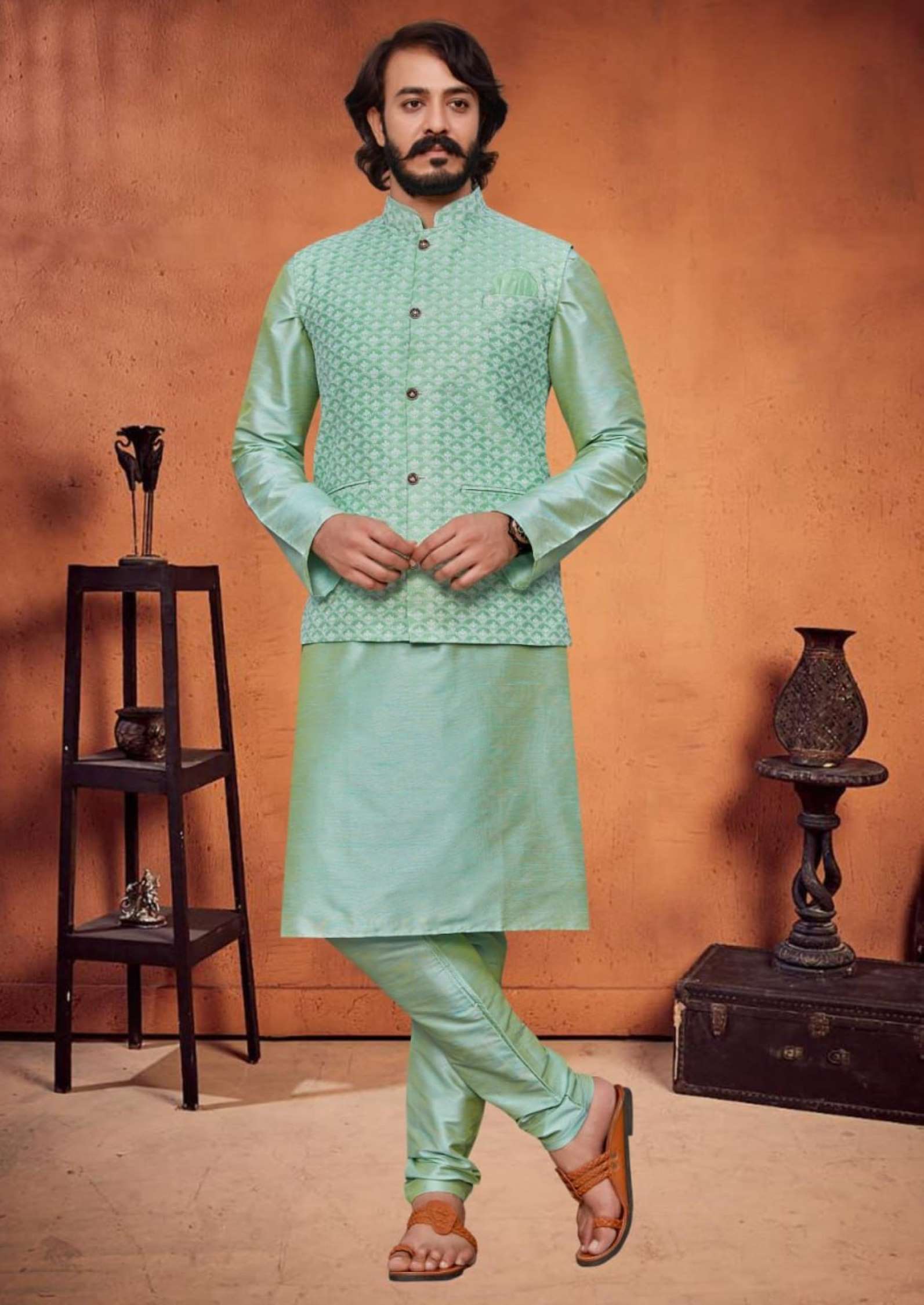 Sumshy Lakhanavi Silk Fancy Mens Kurta Pajama With Koti