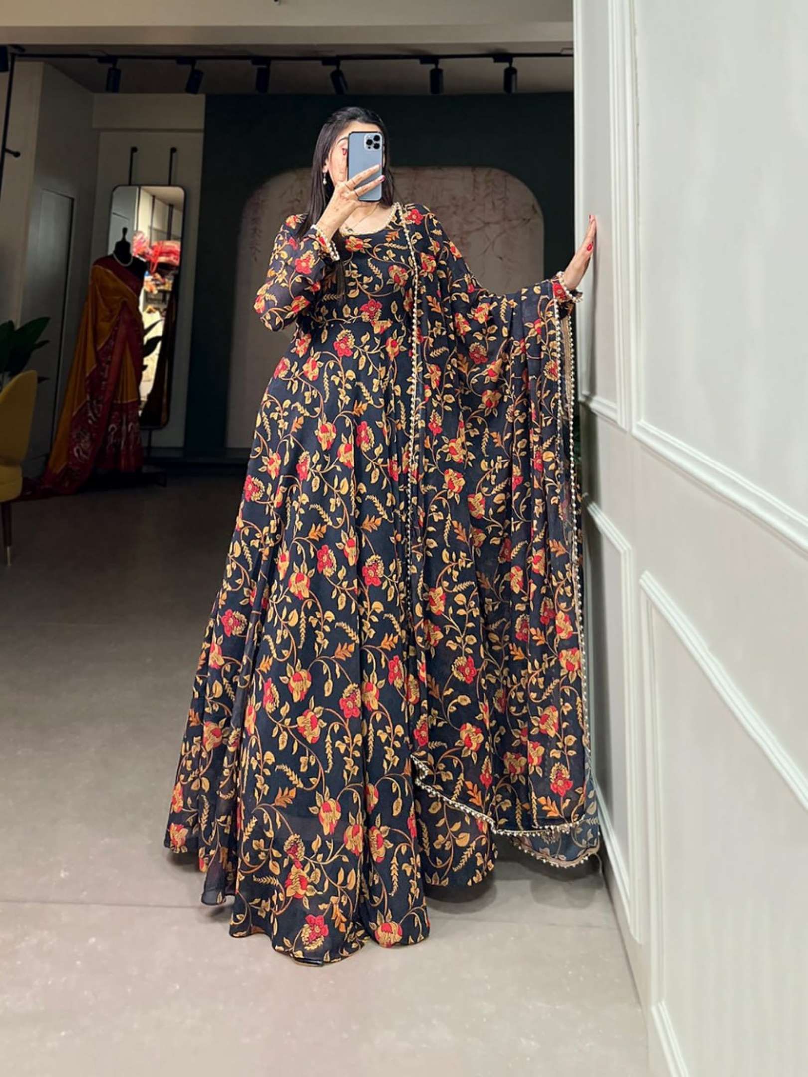 Sumshy Ladies Wear Printed Georgette Gown With Dupatta