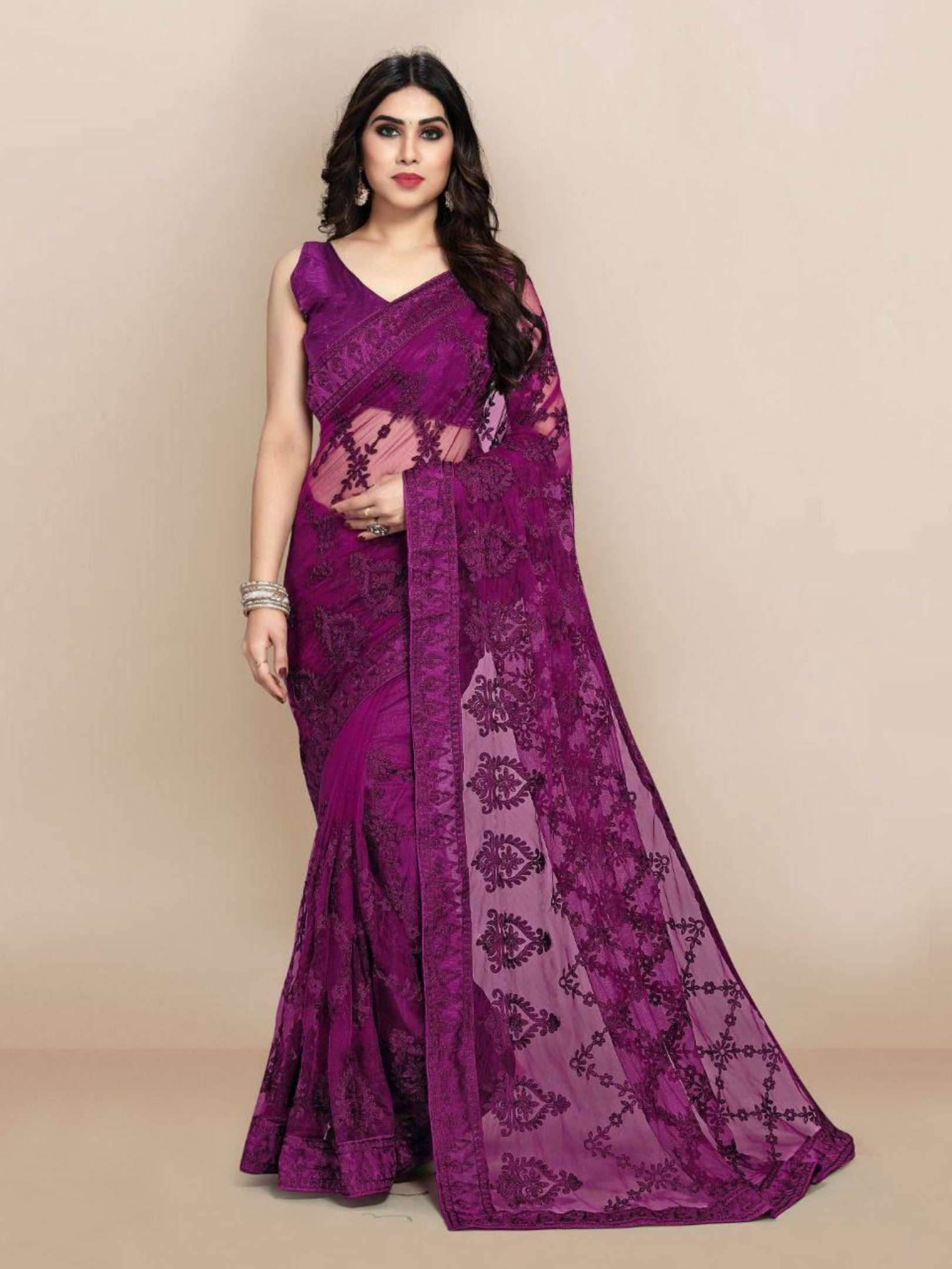 Sumshy Wedding Wear Embroidery Soft Net Sarees