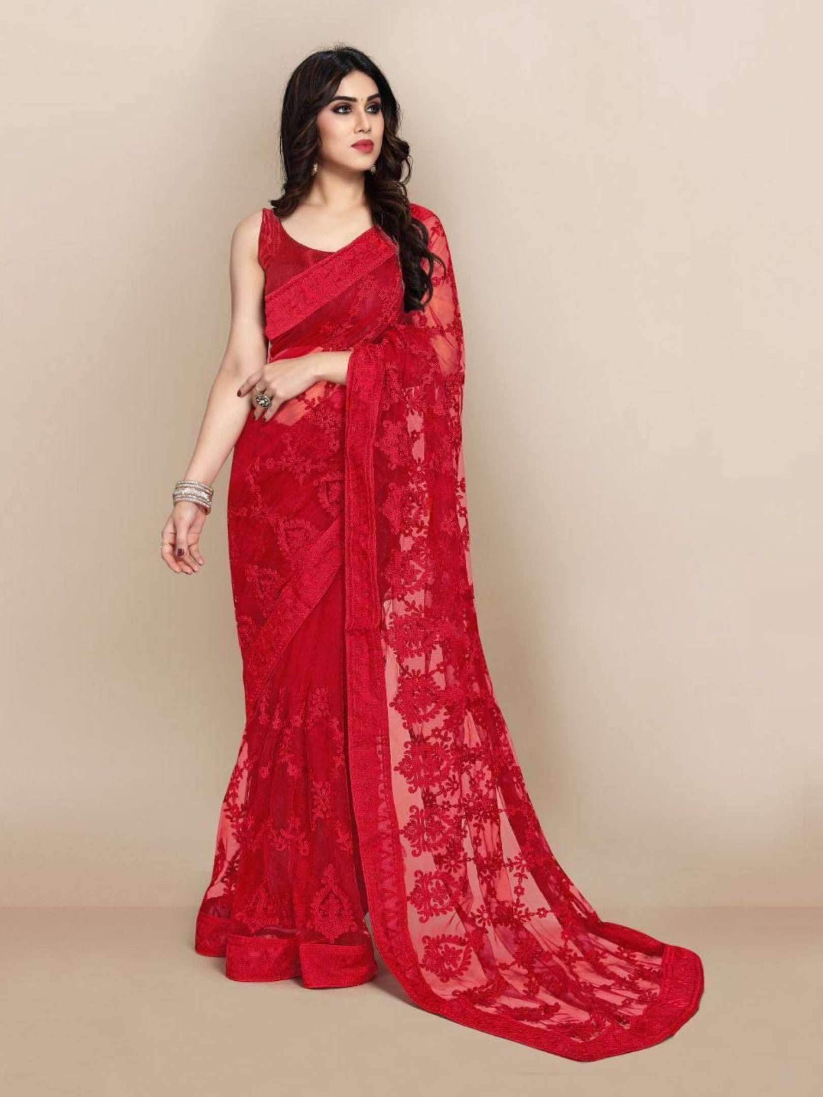 Sumshy Wedding Wear Embroidery Soft Net Sarees