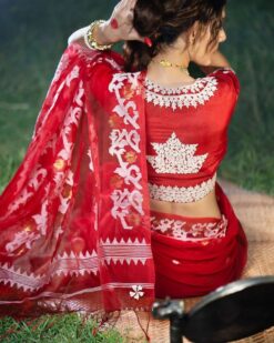 Sumshy Designer Organza Silk Embroidery Red Saree