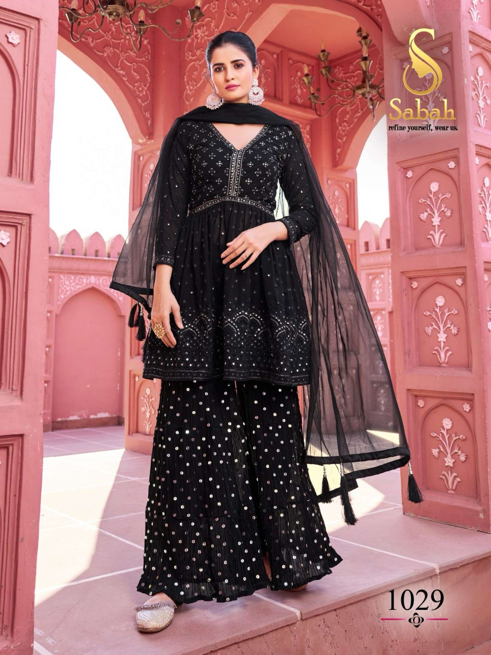 Sabah Black-White Georgette Wedding Wear Sharara Suits