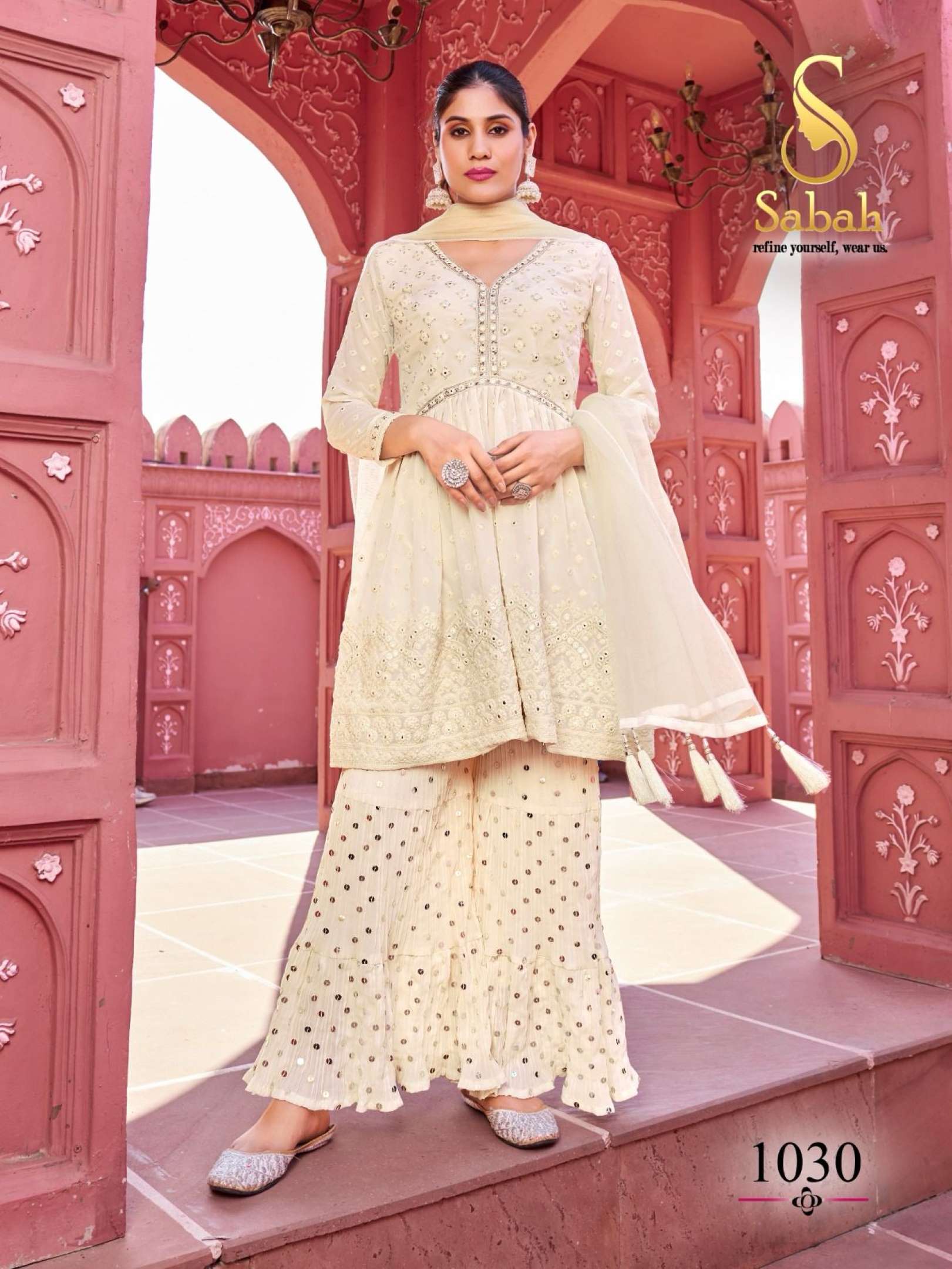 Sabah Black-White Georgette Wedding Wear Sharara Suits
