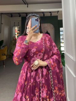 Sumshy Floral Printed Georgette Pink Gown With Dupatta