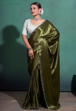 Sapphire Moss Satin Saree with Swarovski Work Online