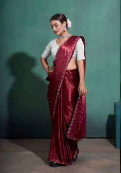 Sapphire Moss Satin Saree with Swarovski Work Online