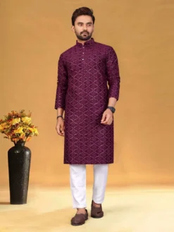 Designer Pure Silk Kurta Pajama With Embroidery & Sequence